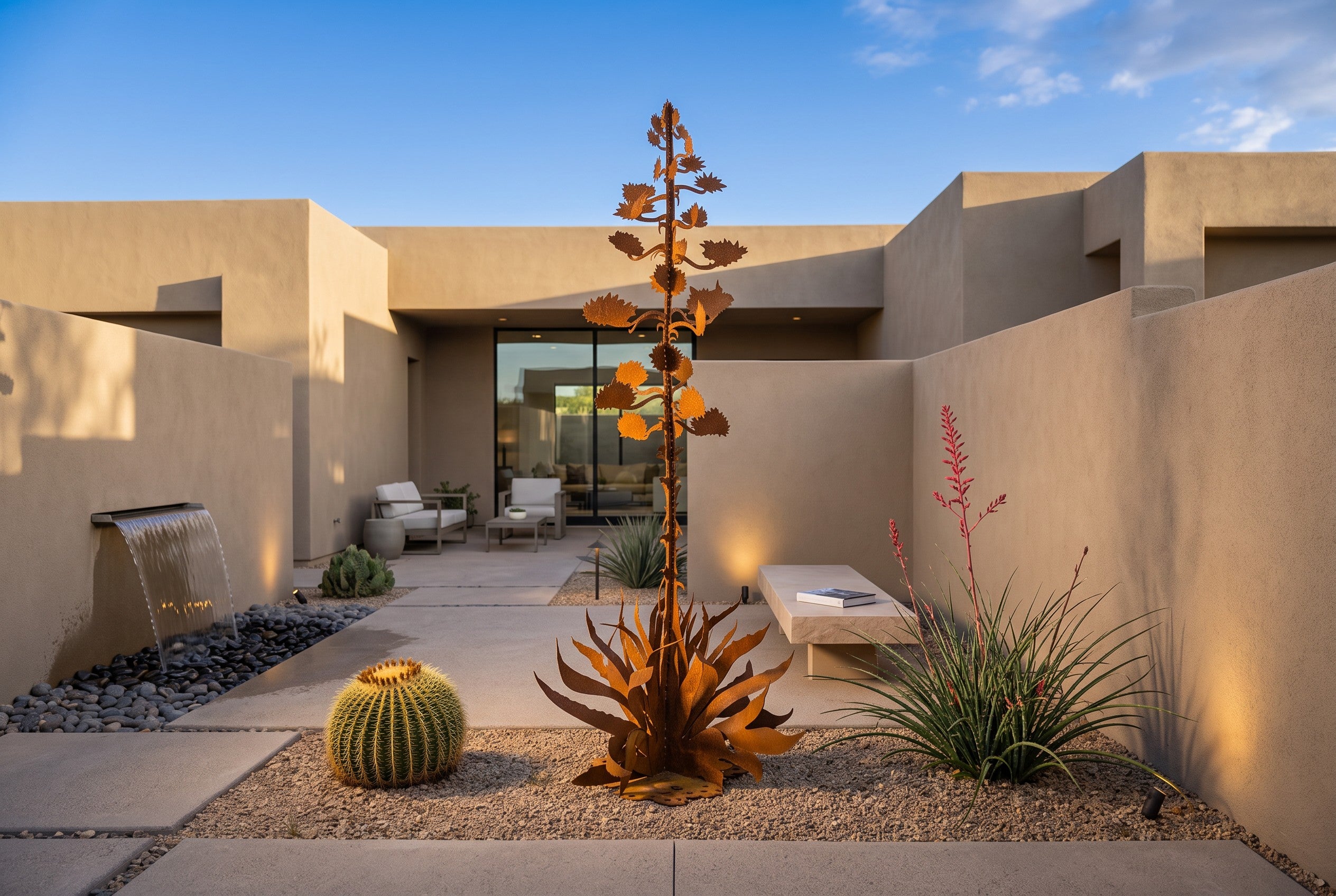 Freestanding rusted steel agave sculpture