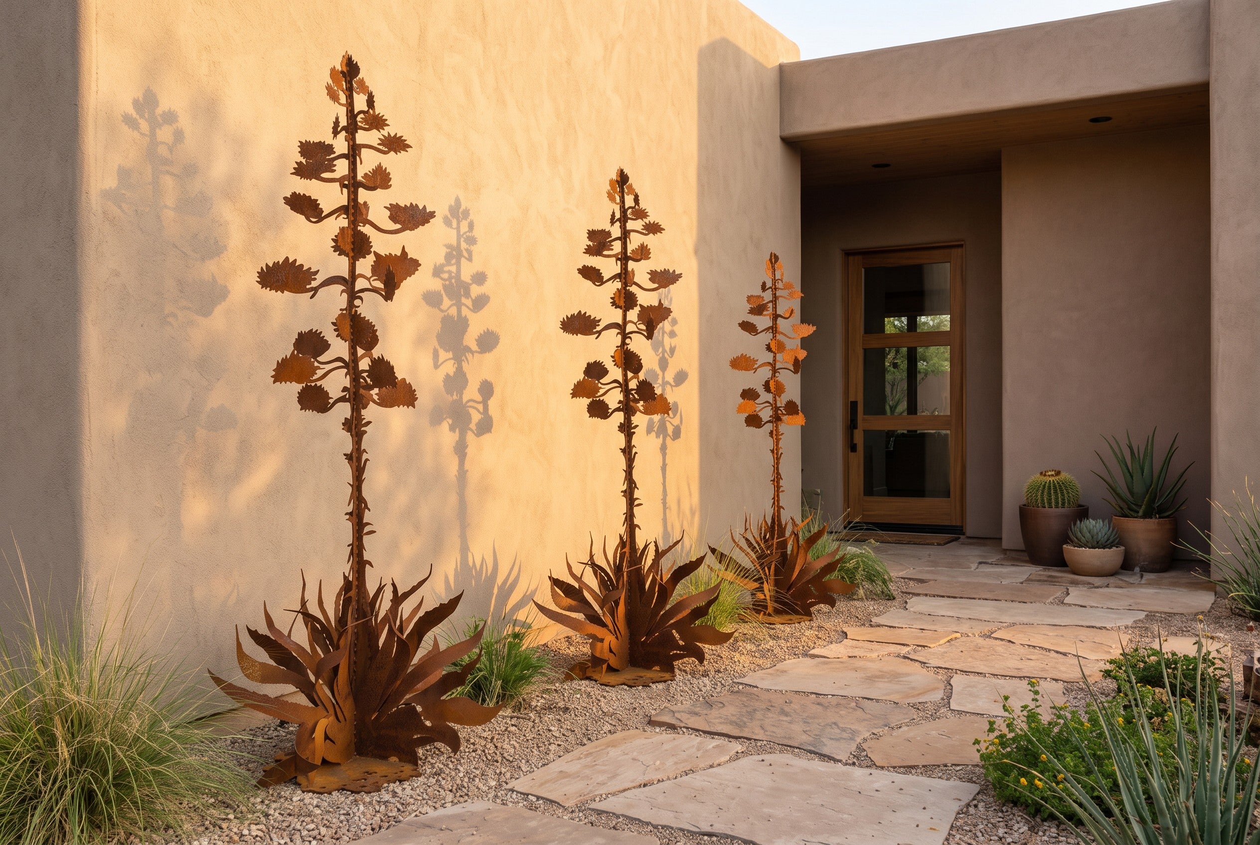 Freestanding rusted steel agave sculpture, additional view