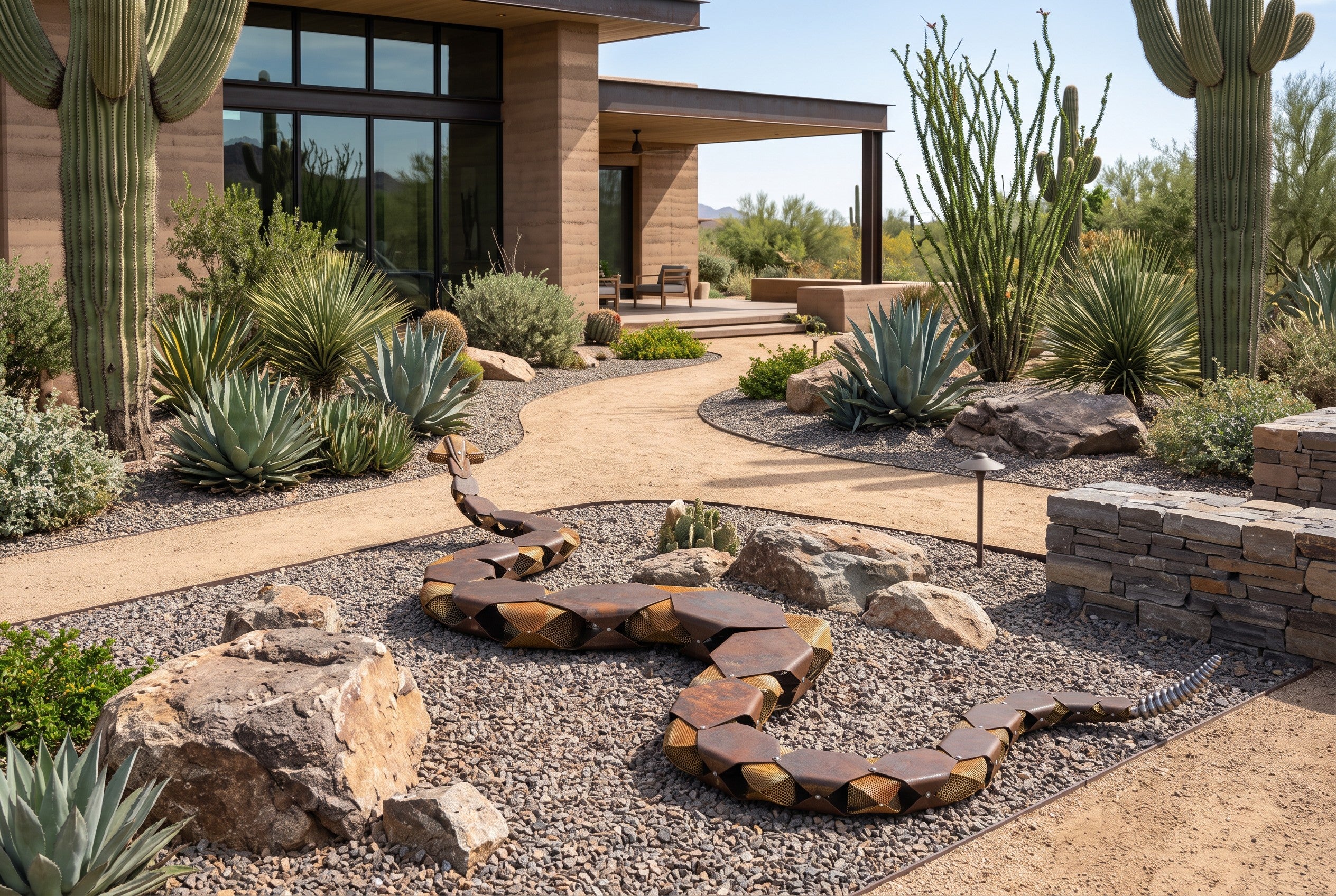 Rusted steel snake sculpture integrated into a desert entry pathway and landscaping