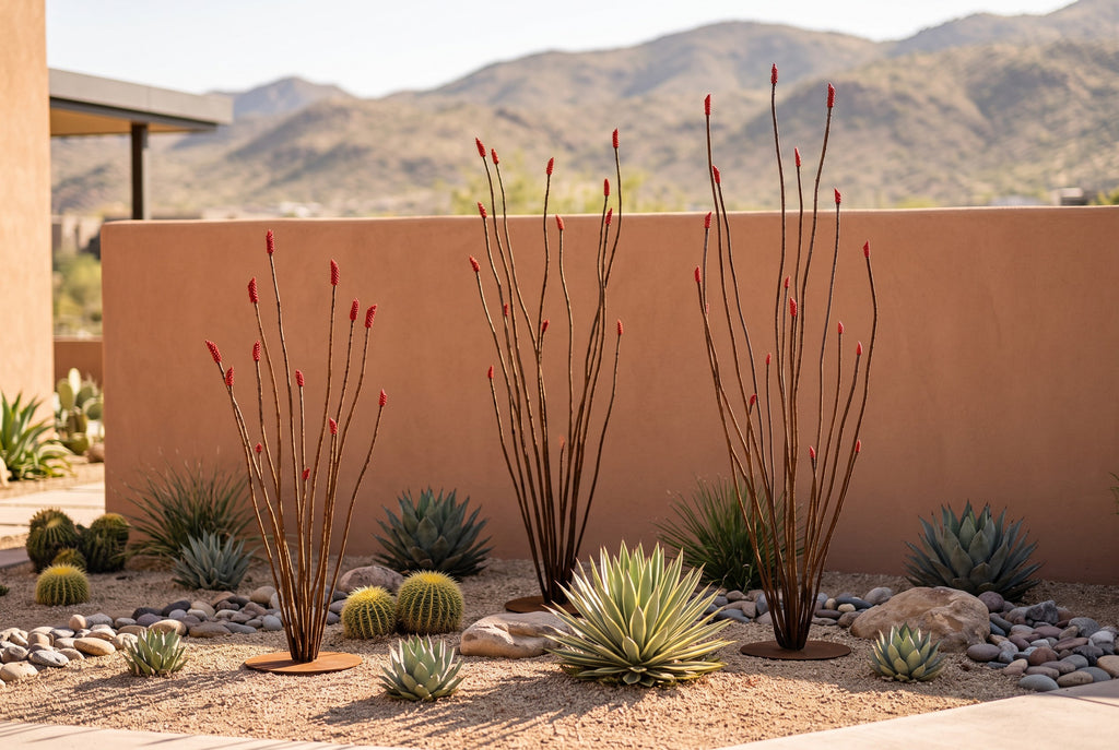 Rusted steel ocotillo sculpture, freestanding