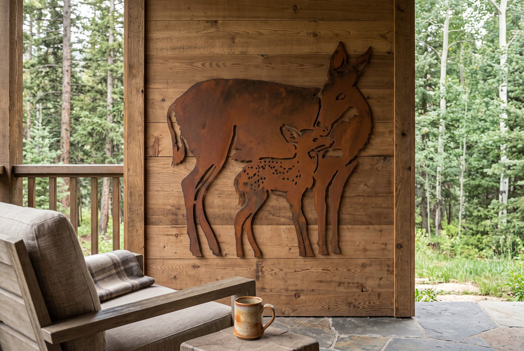 Rusted Steel Doe and Fawn Wall Art