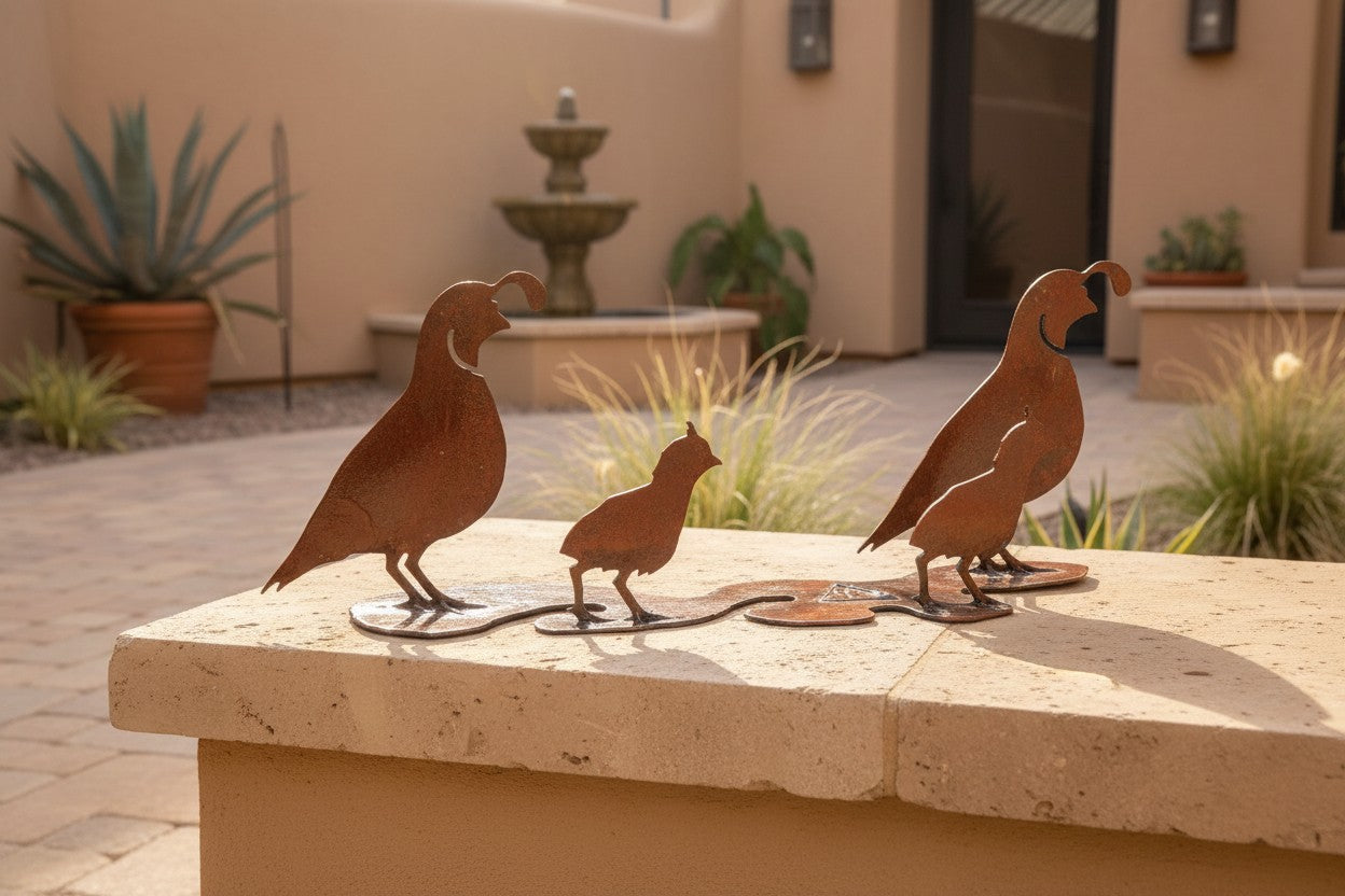 Rusted steel quail family sculpture on one shared base