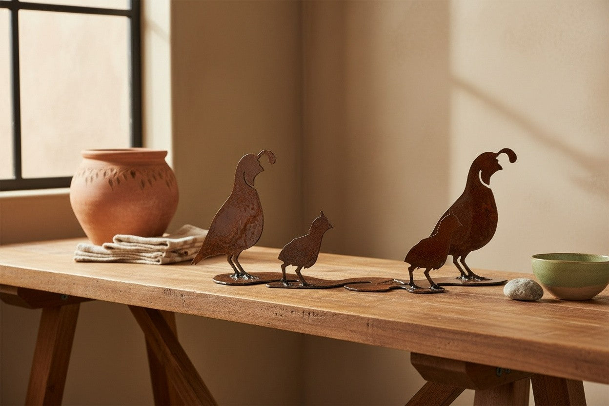 Rusted steel quail family sculpture on one shared base