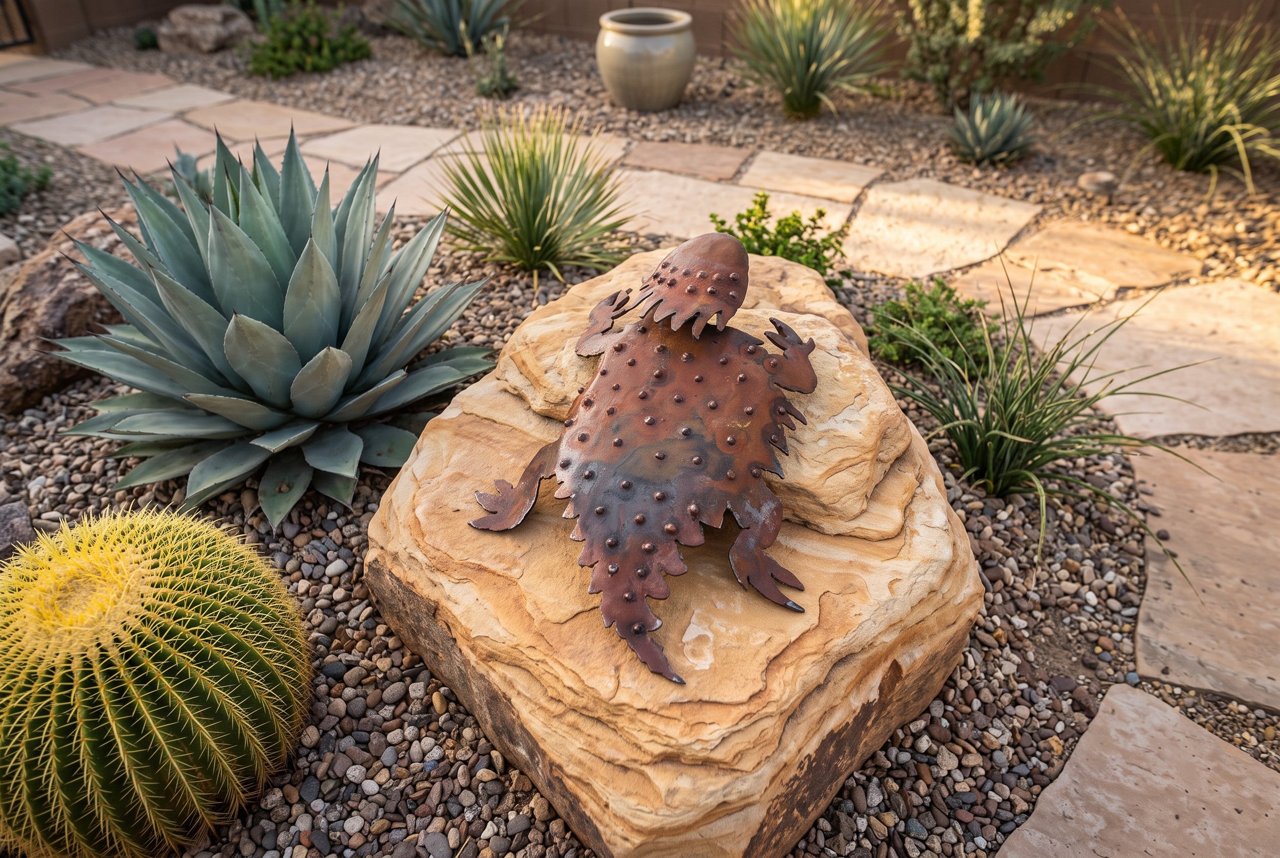 Rusted steel horned lizard sculpture in a desert courtyard, mounted on a stone slab among agave and barrel cactus