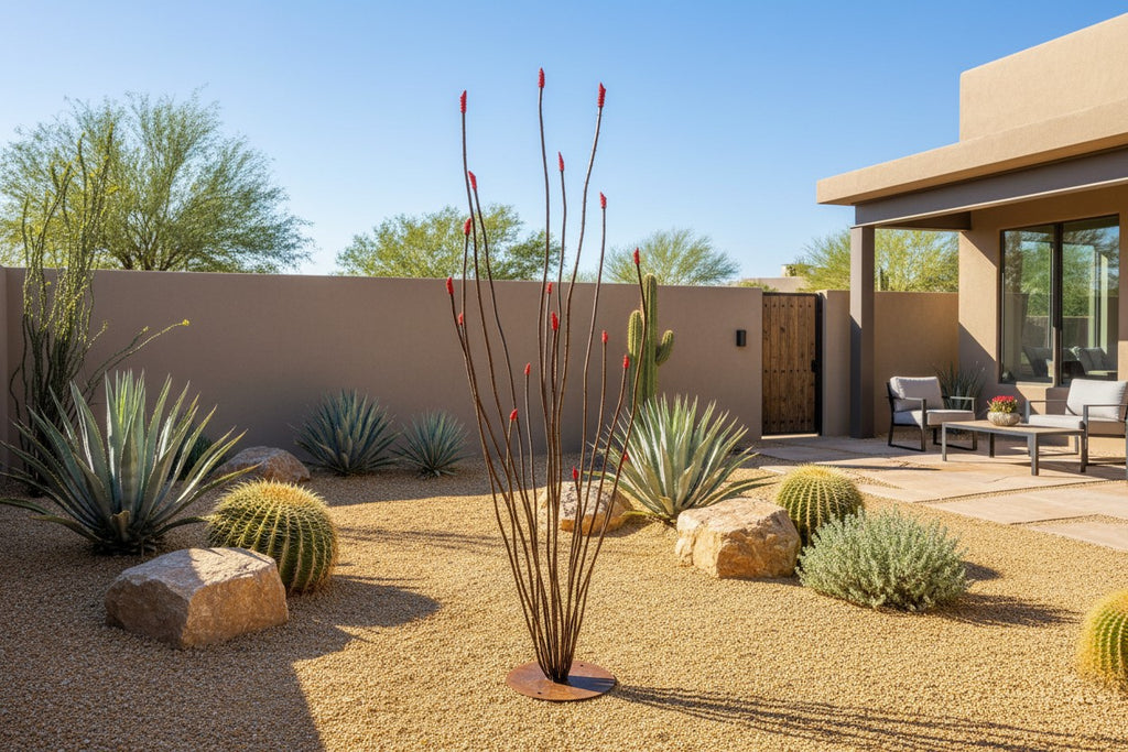 Rusted steel ocotillo sculpture, freestanding
