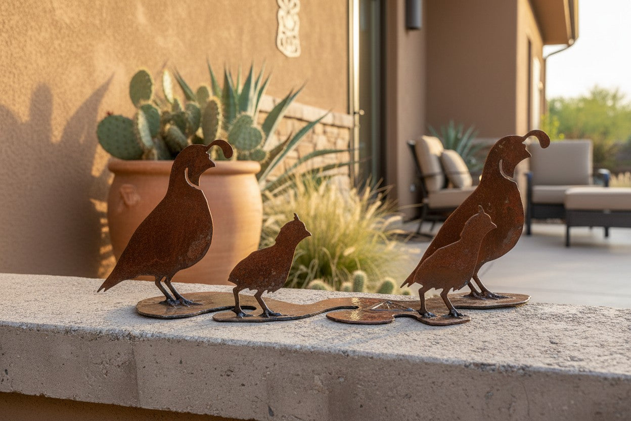 Rusted steel quail family sculpture on one shared base