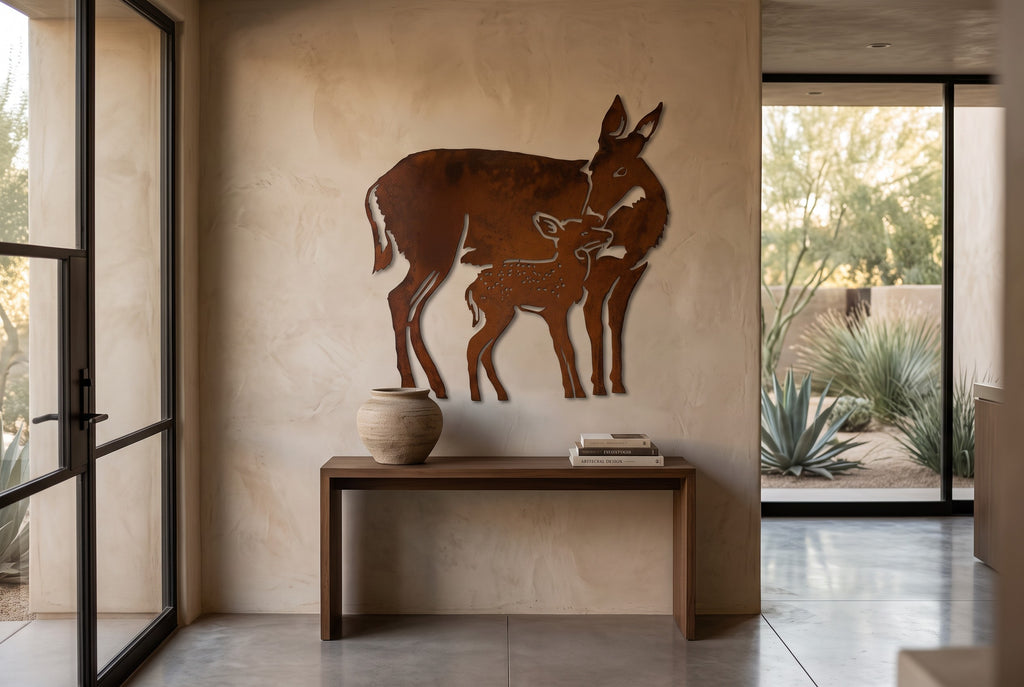 Rusted Steel Doe and Fawn Wall Art