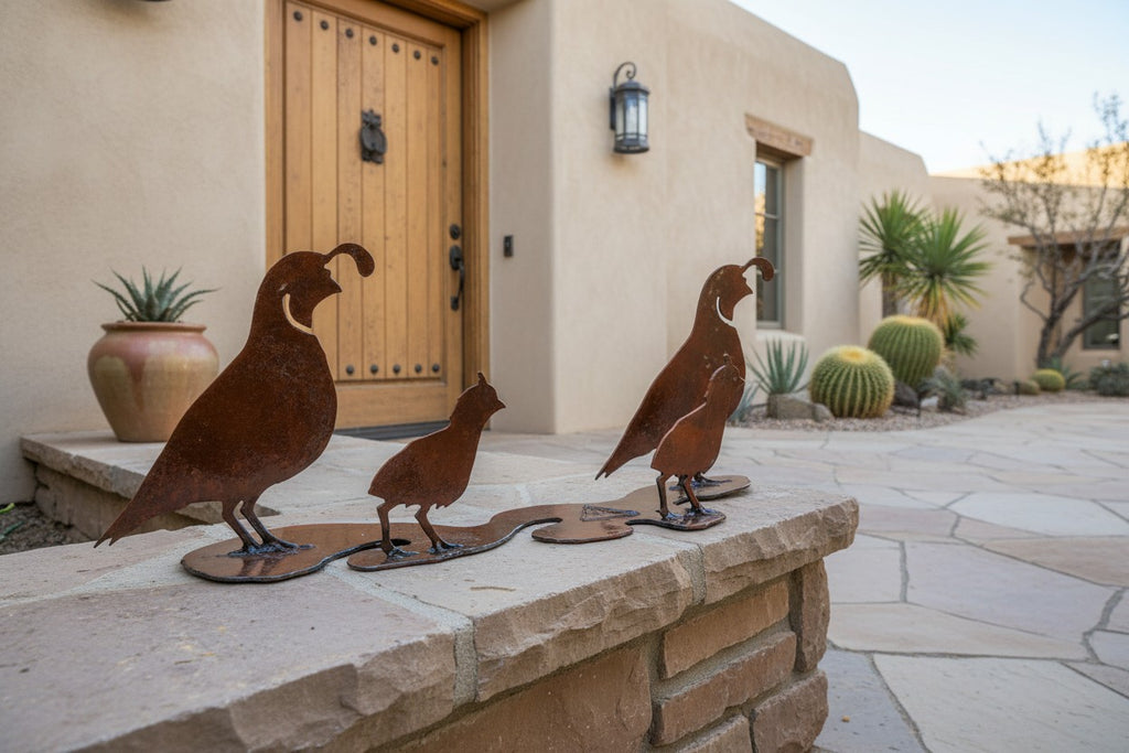 Rusted steel quail family sculpture on one shared base