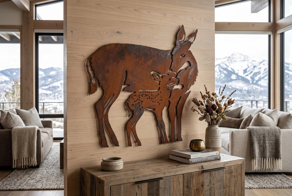 Rusted Steel Doe and Fawn Wall Art
