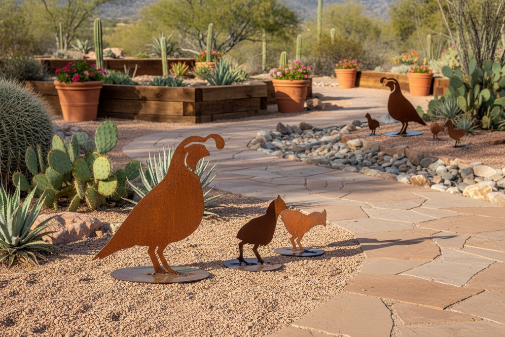 Freestanding rusted steel quail family sculpture set, staged outdoors