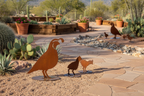 Freestanding rusted steel quail family sculpture set, staged outdoors