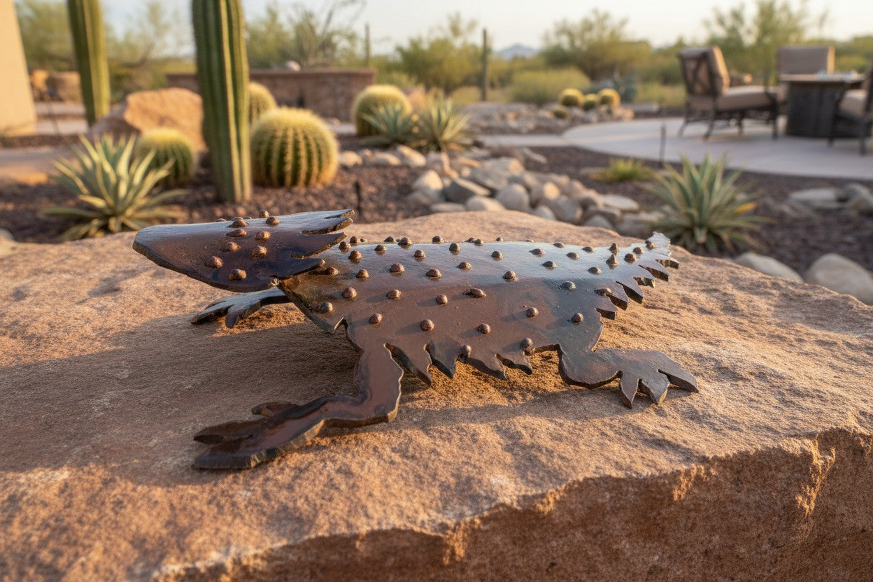 About page - close-up detail of rusted steel sculpture showing rivet and texture work