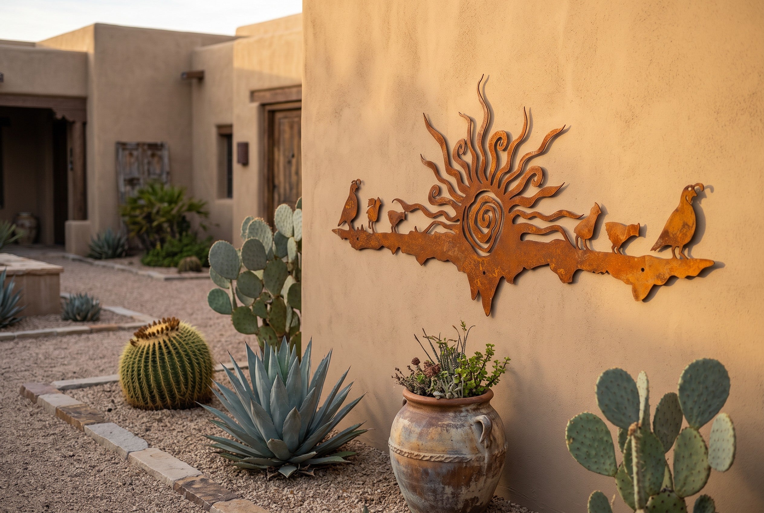Rusted steel quail family sunset wall art on a stucco wall