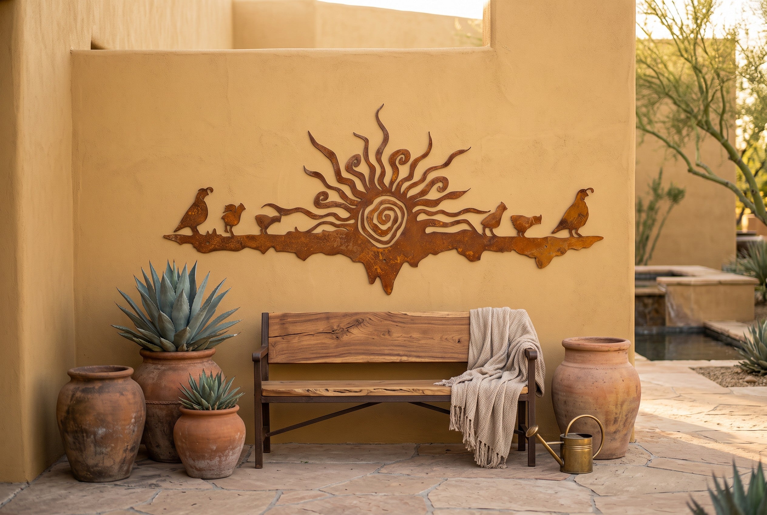 Rusted steel quail family sunset wall art in an alternate setting