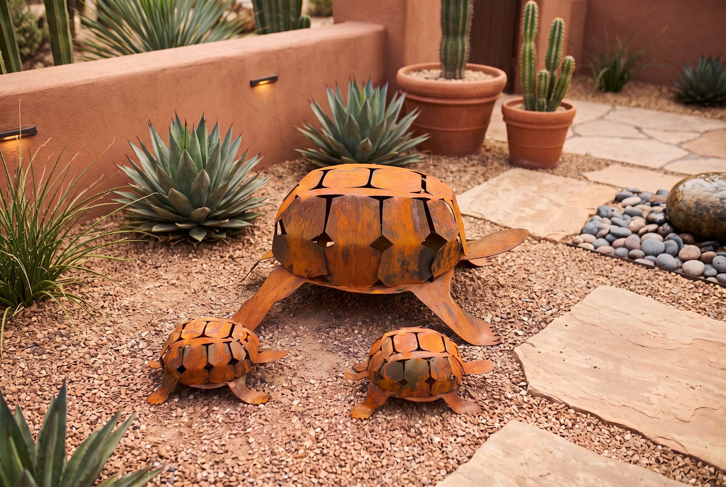 Handmade iron desert tortoise sculpture family in a garden