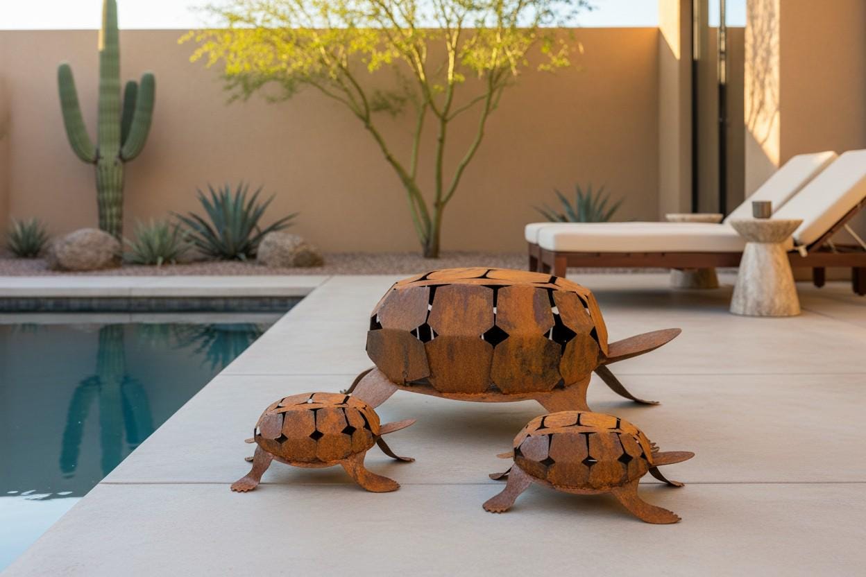 Handmade iron desert tortoise sculpture family in a garden (alternate view)