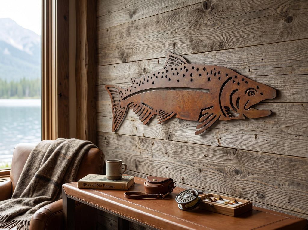 Rusted steel trout wall art on an interior wall (alternate view)