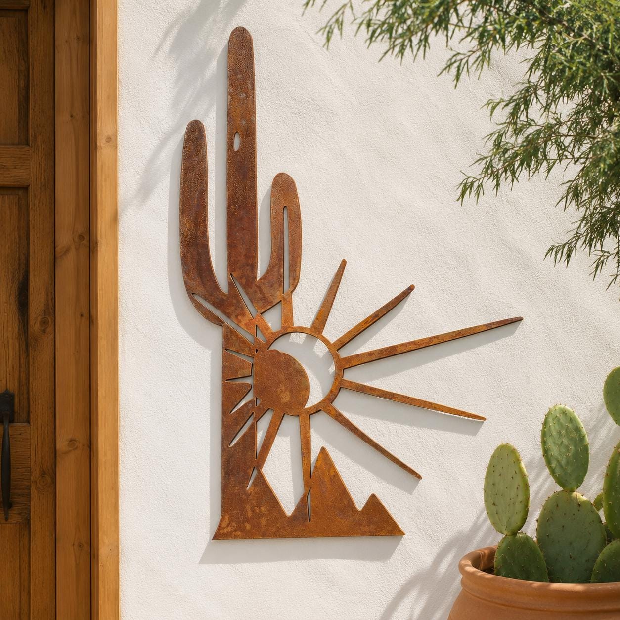 Iron saguaro cactus sunset wall art