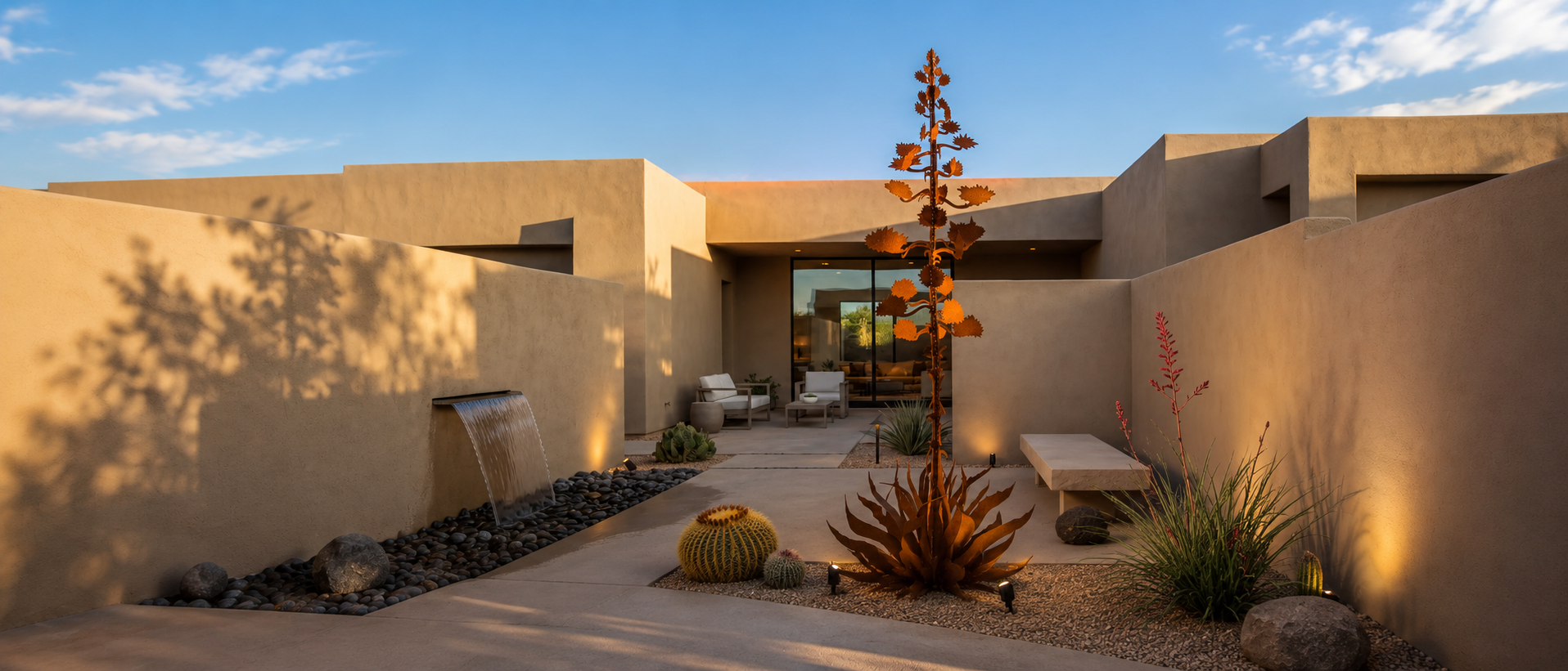 Homepage Large-Scale - panoramic agave sculpture in a golden hour desert courtyard