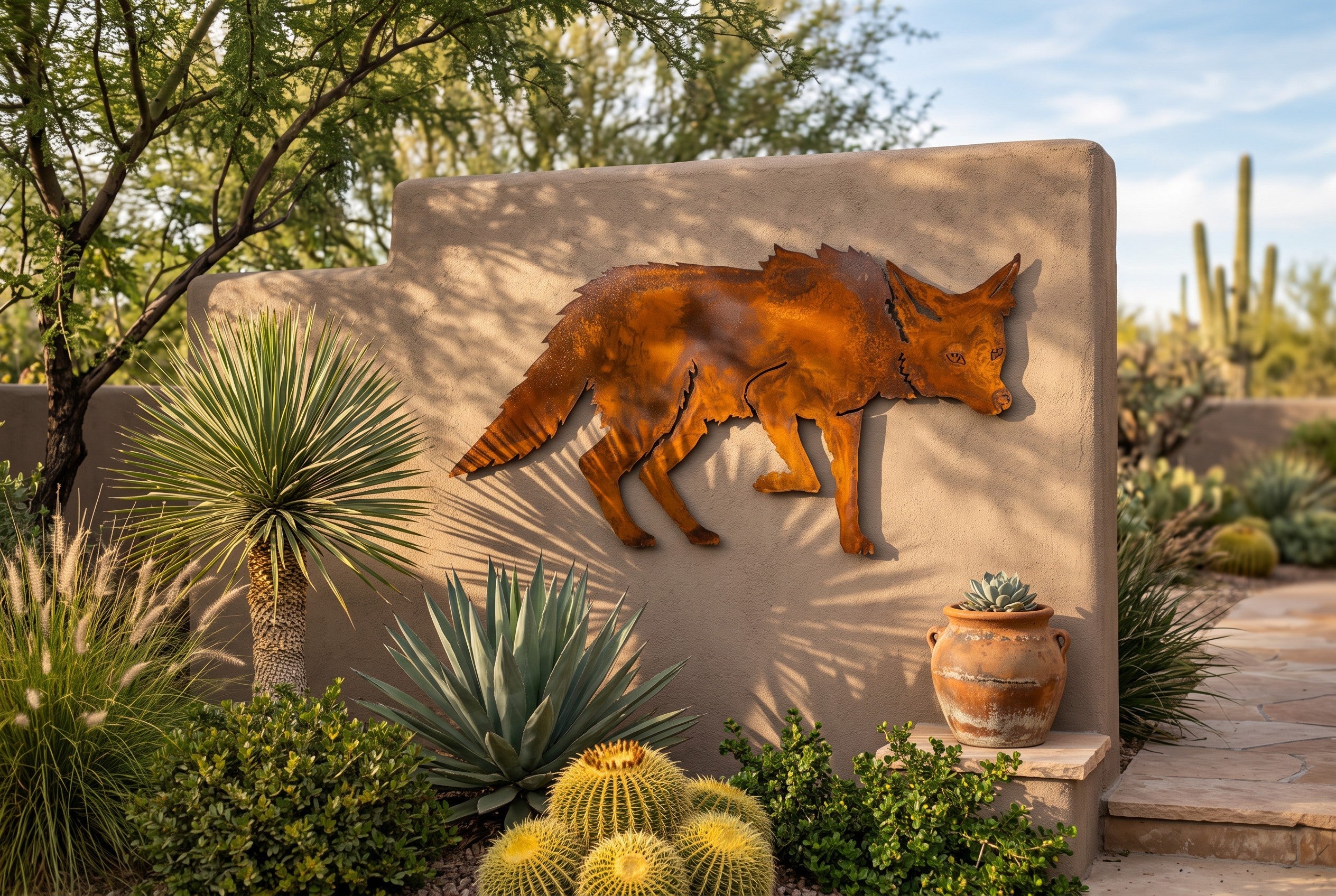 Homepage process - rusted steel prowling coyote wall art cut silhouette