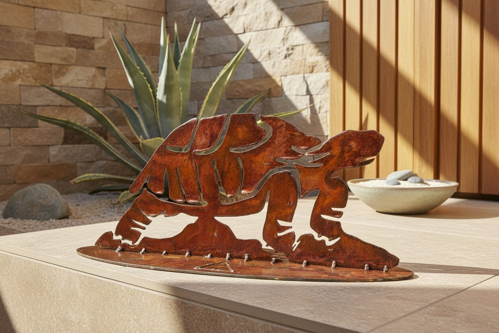 Rusted iron desert tortoise sculpture, parent and baby