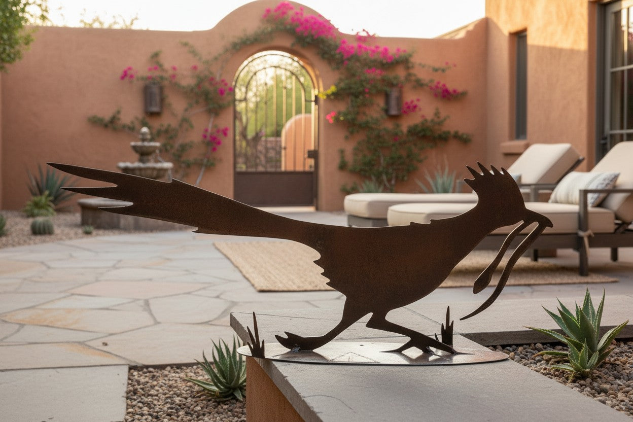 Rusted metal roadrunner sculpture, running pose
