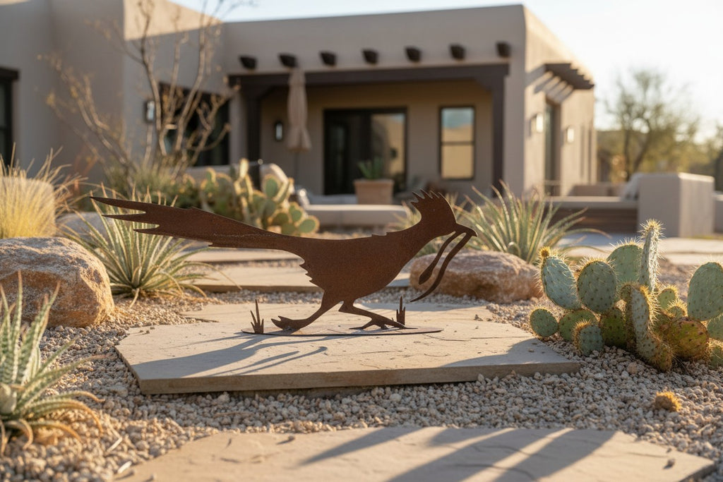 Rusted metal roadrunner sculpture, running pose