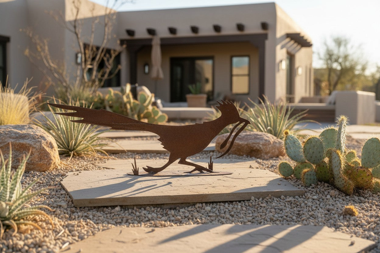Rusted metal roadrunner sculpture, running pose