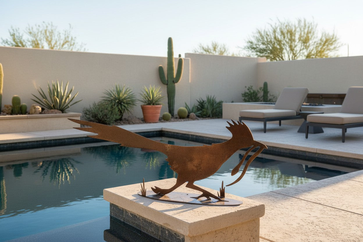 Rusted metal roadrunner sculpture, running pose