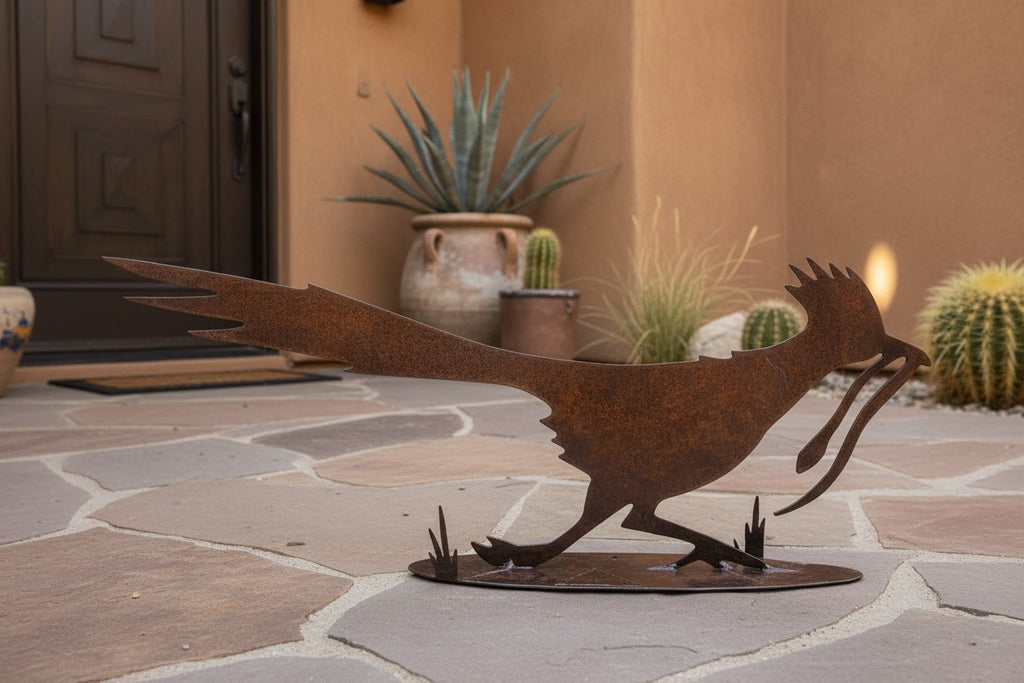 Rusted metal roadrunner sculpture, running pose