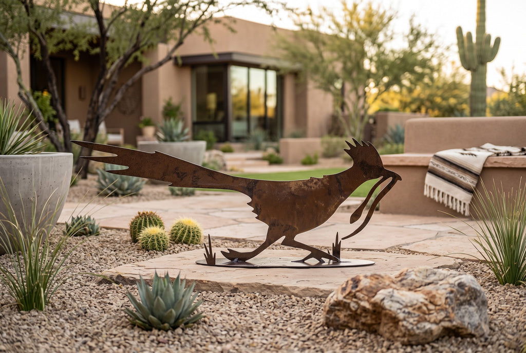 Rusted metal roadrunner sculpture, running pose