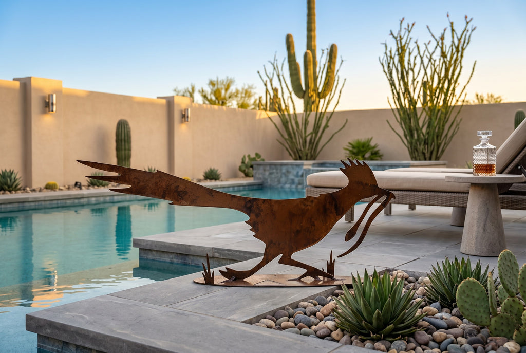 Rusted metal roadrunner sculpture, running pose