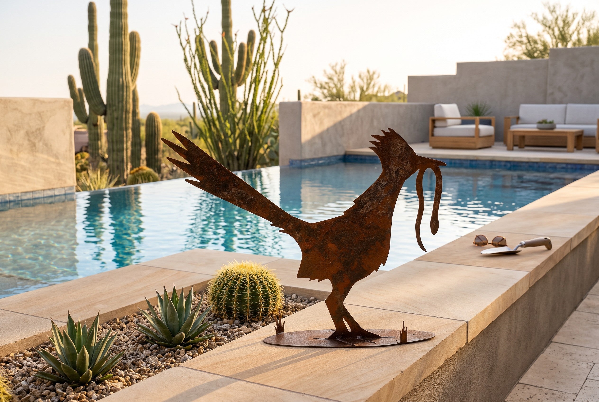 Rusted metal roadrunner sculpture, standing pose