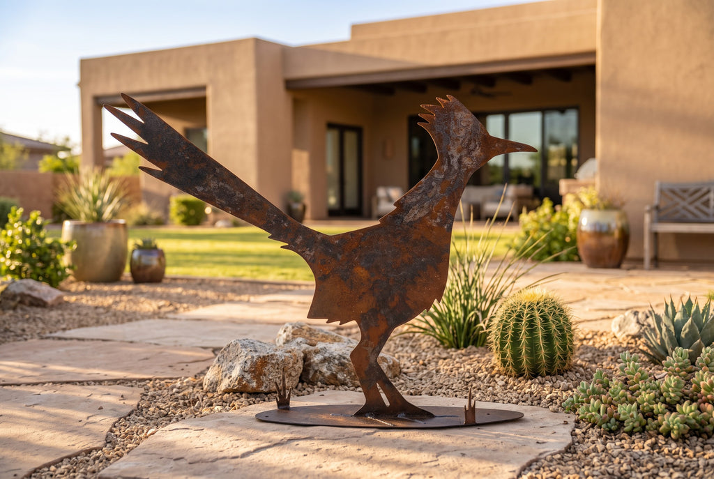 Rusted metal roadrunner sculpture, standing pose