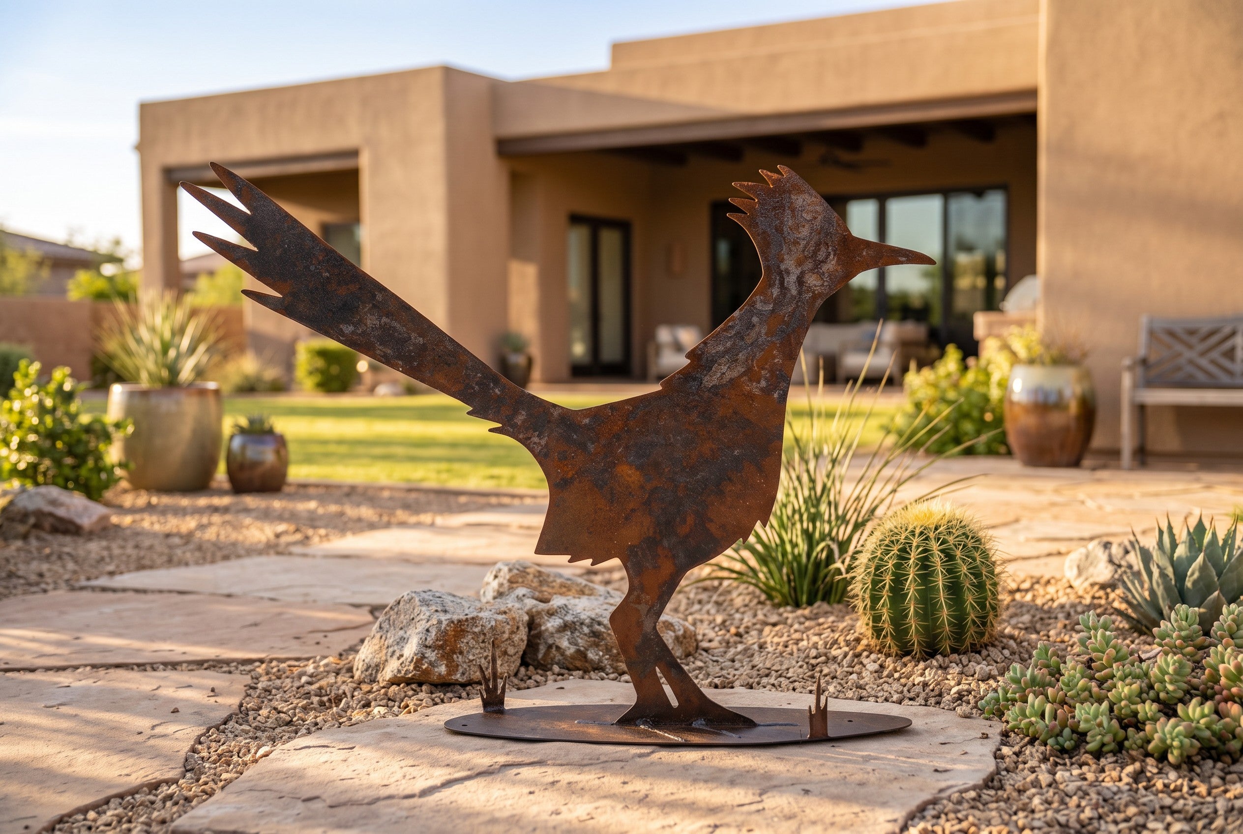 Rusted metal roadrunner sculpture, standing pose