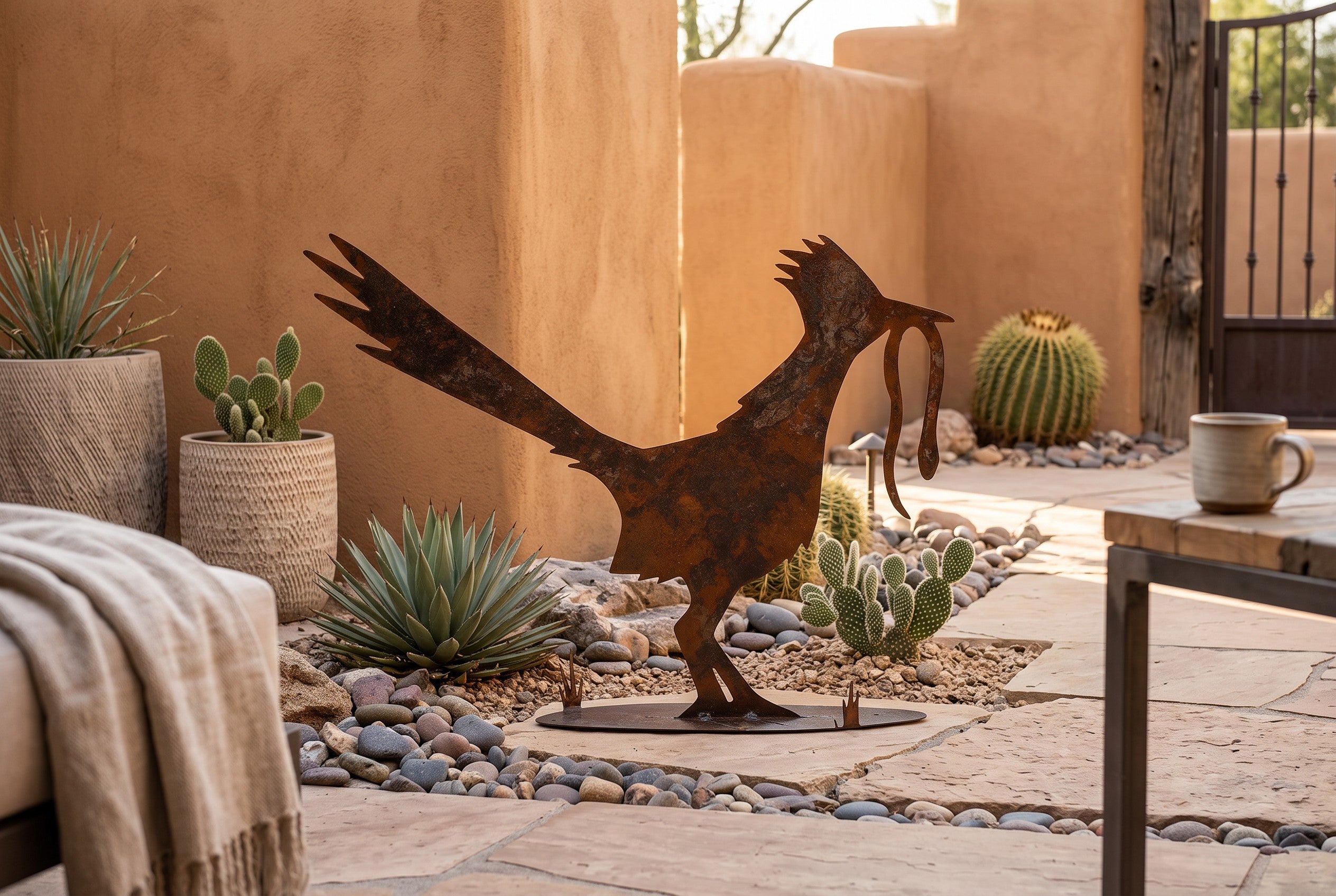 Rusted metal roadrunner sculpture, standing pose