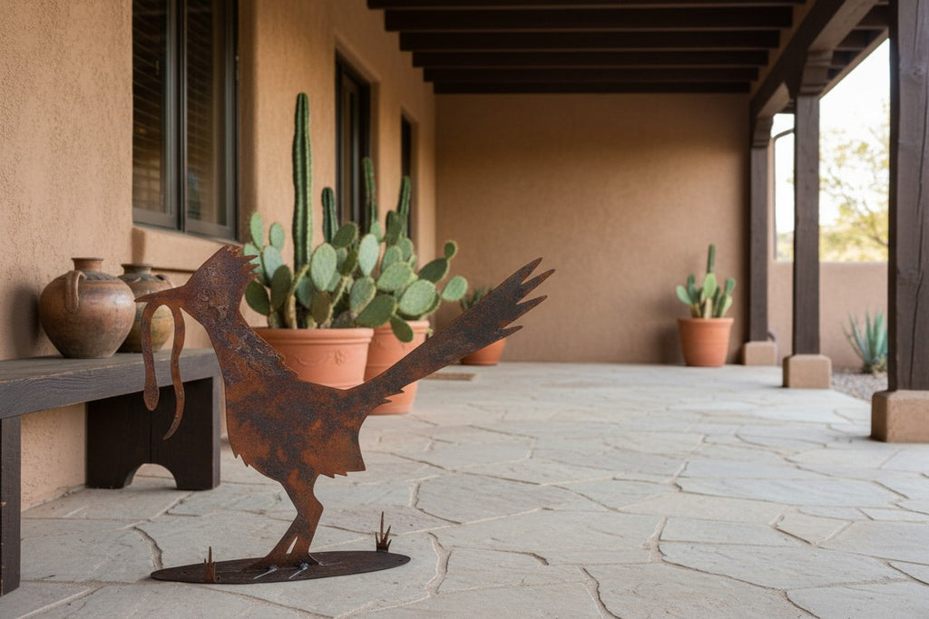 Rusted metal roadrunner sculpture, standing pose