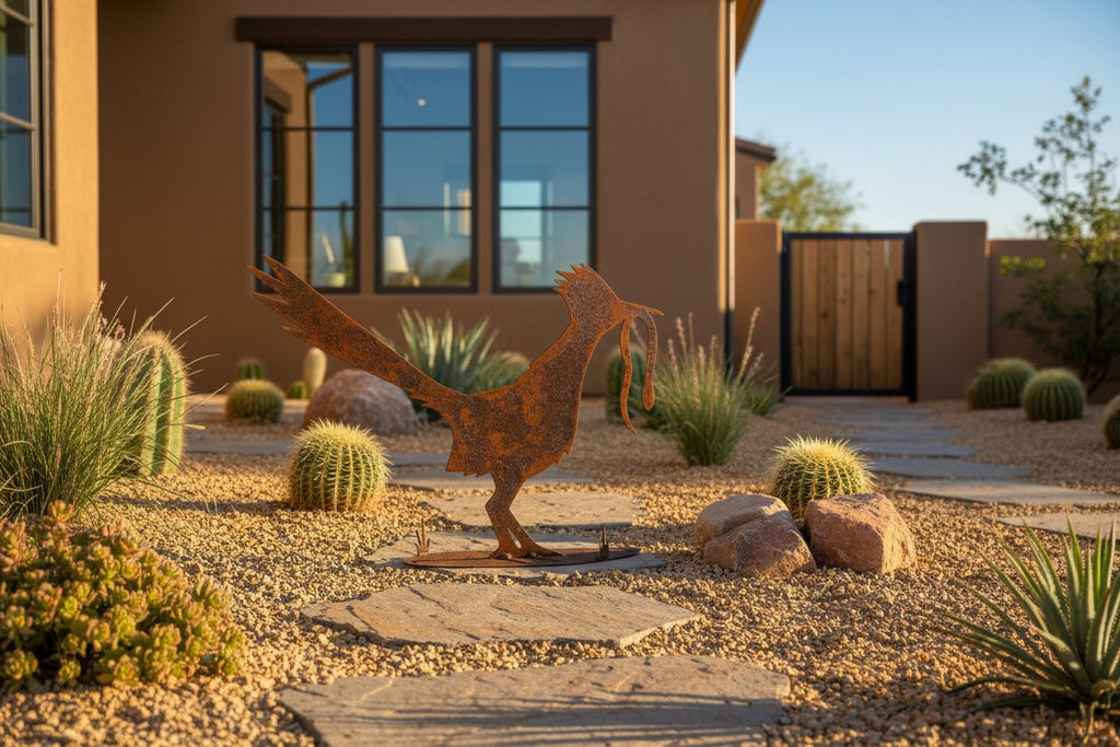 Rusted metal roadrunner sculpture, standing pose