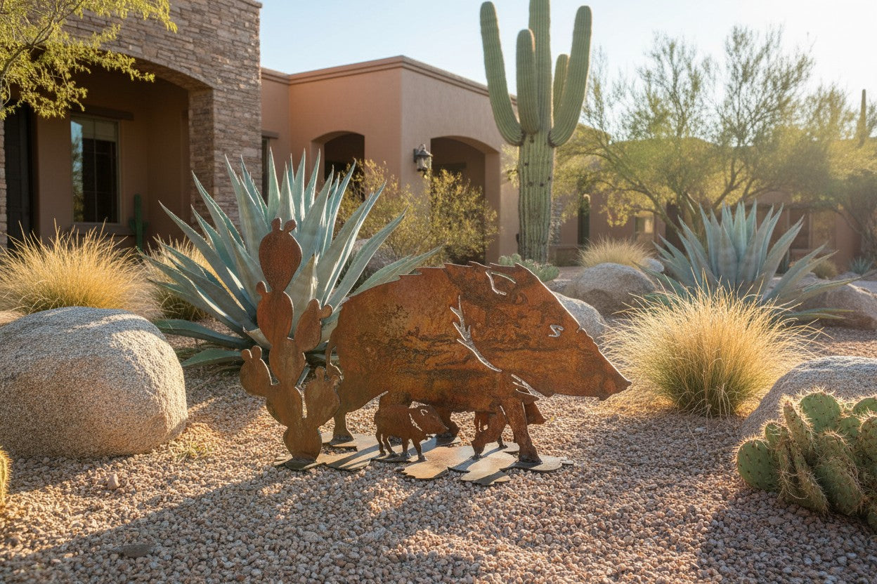 Rusted Steel Javelina Family Sculpture