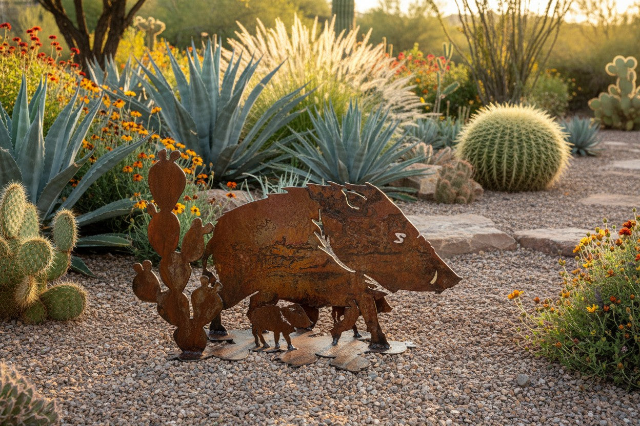 Rusted Steel Javelina Family Sculpture
