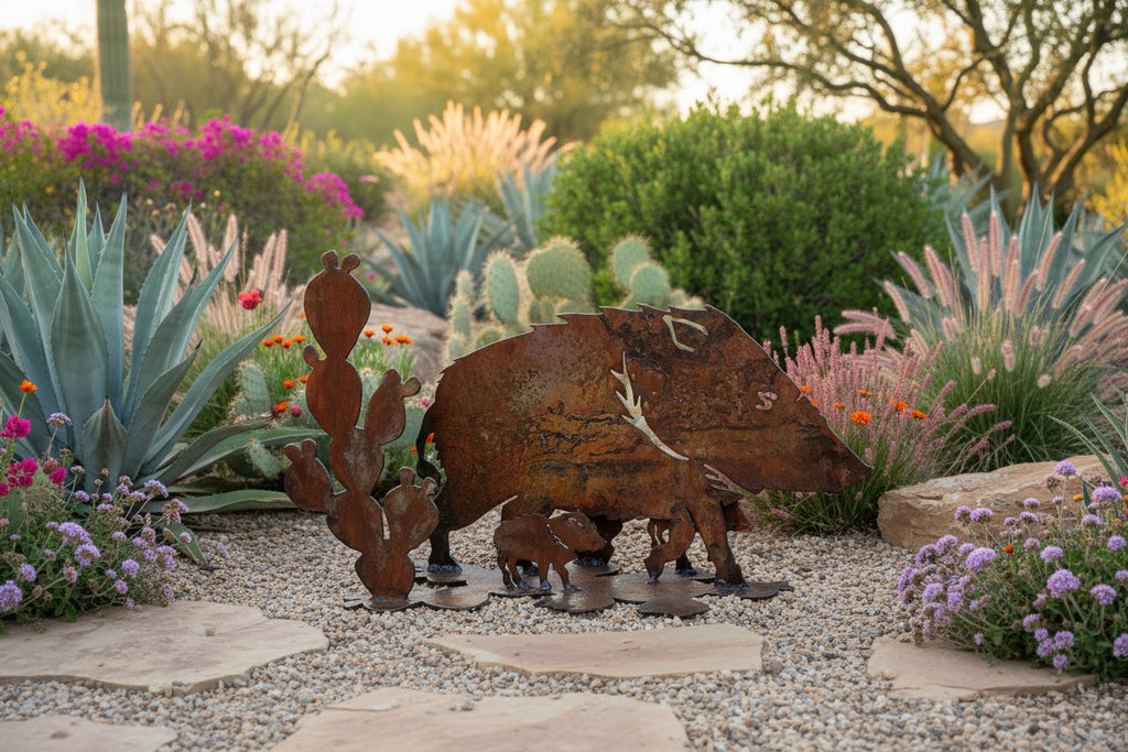 Rusted steel javelina family sculpture, freestanding