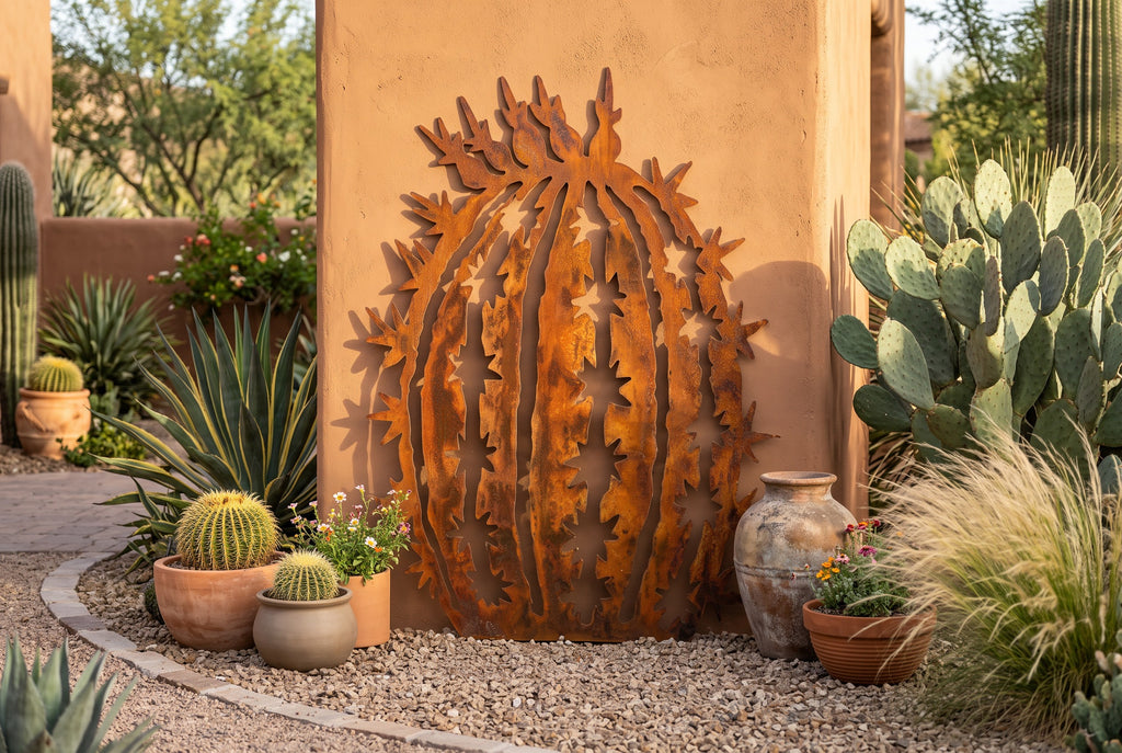 Rusted Steel Barrel Cactus Sculpture