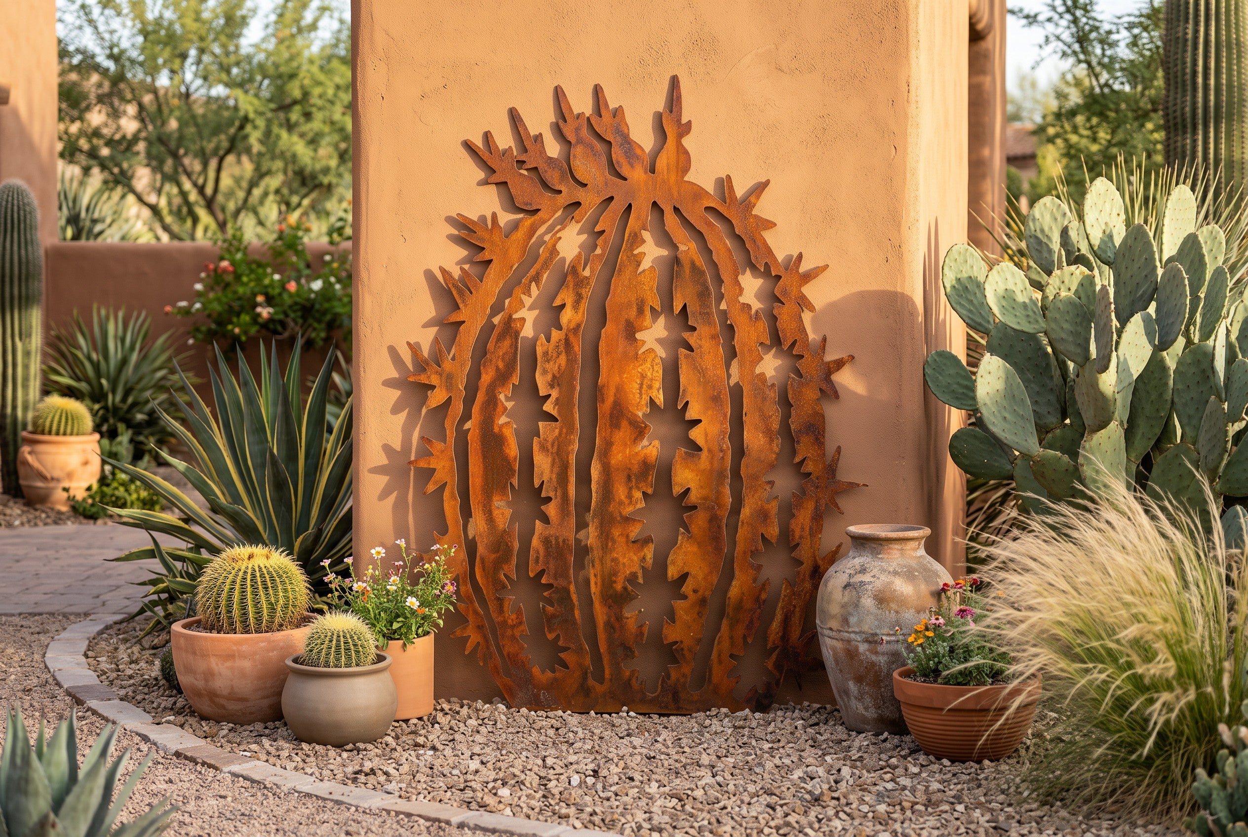 Rusted Steel Barrel Cactus Sculpture