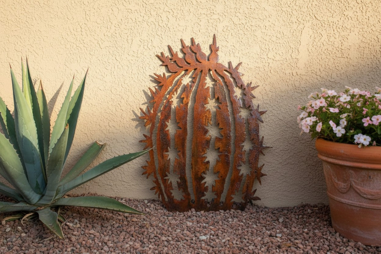 Rusted Steel Barrel Cactus Sculpture