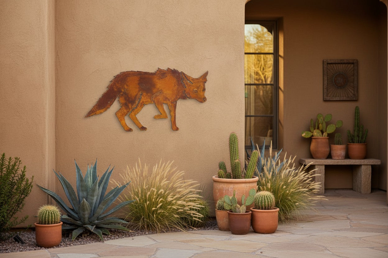 Rusted Steel Prowling Coyote Wall Art