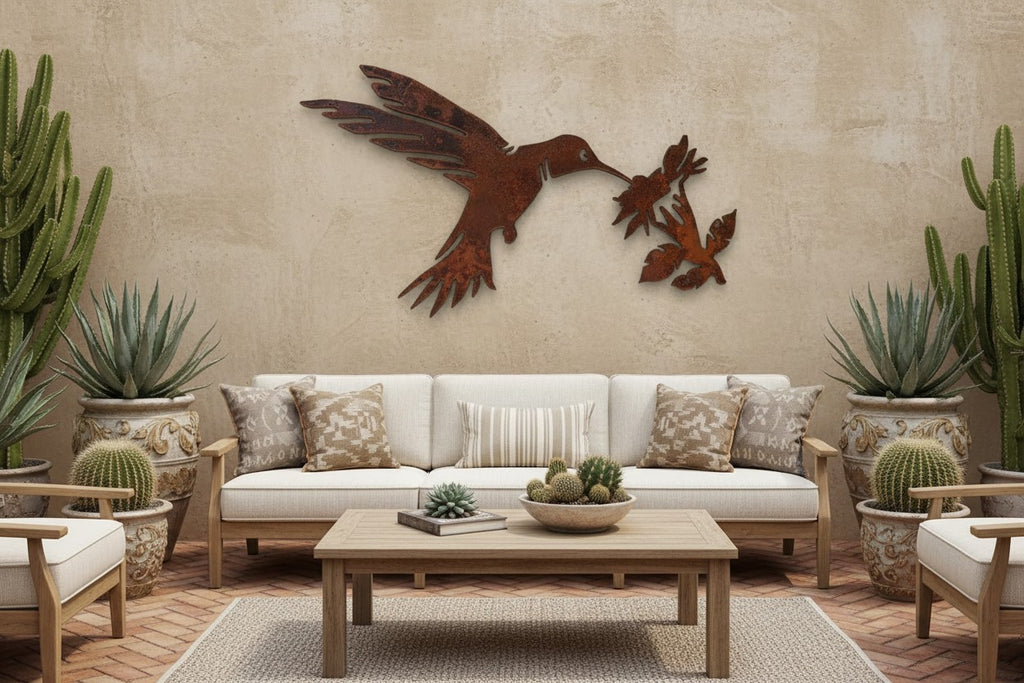 Rusted Steel Hummingbird With Flower Wall Art