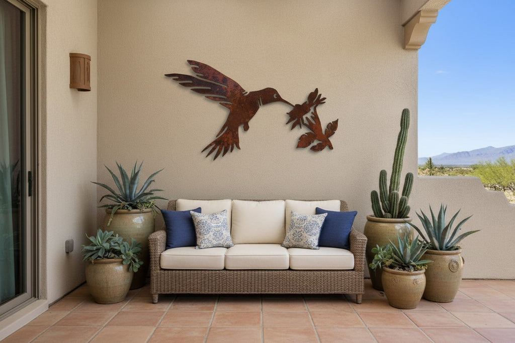 Rusted Steel Hummingbird With Flower Wall Art