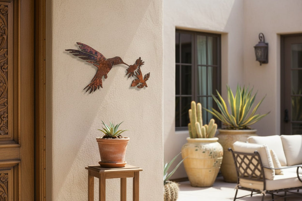 Rusted Steel Hummingbird With Flower Wall Art