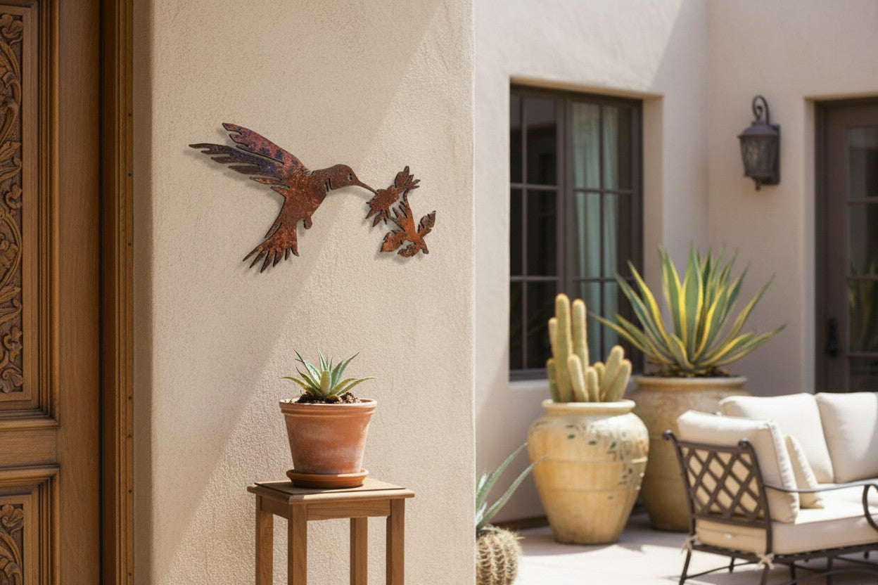 Rusted Steel Hummingbird With Flower Wall Art