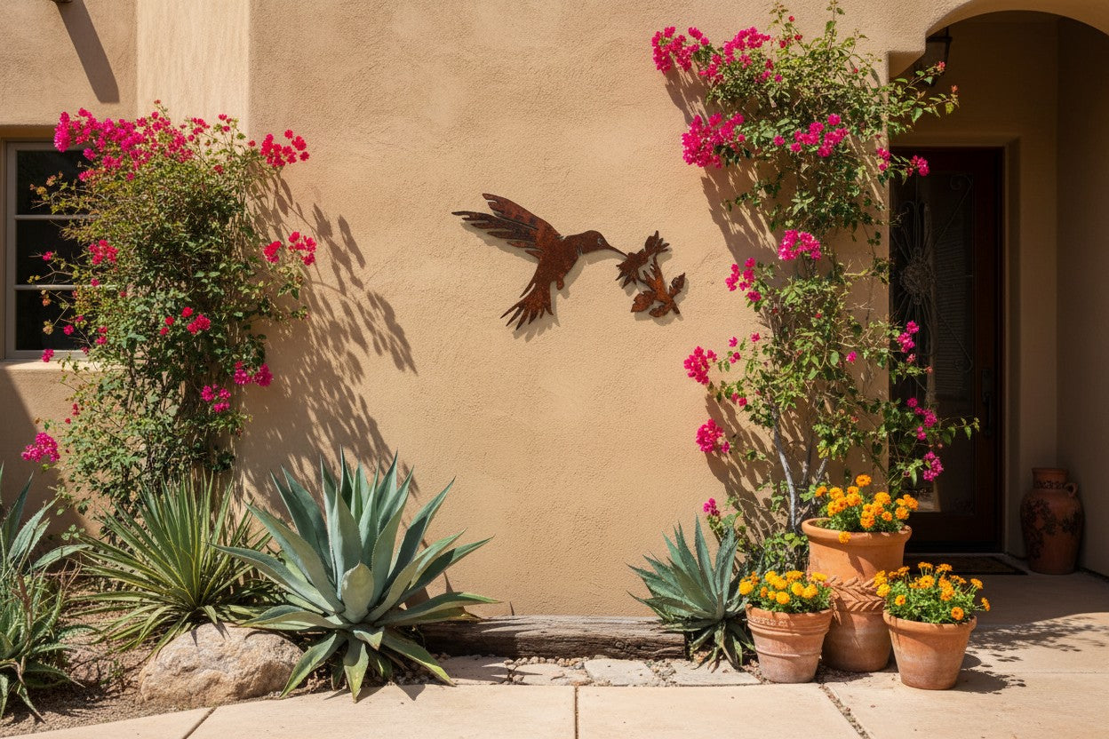 Rusted Steel Hummingbird With Flower Wall Art